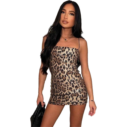 Damen Glitzerndes Minikleid mit Leopardenmuster und Spaghetti-Trägern EB