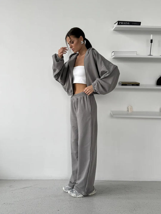 Damen Lounge-Set Cropped-Zip-Hoodie mit Oversize-Ärmeln und High-Waist Palazzo-Jogger EB