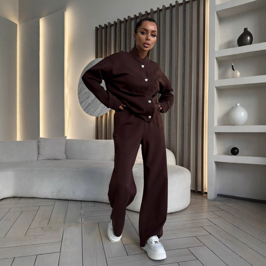 Damen Zweiteiliges Loungewear-Set mit Stehkragen, dekorativen Schmuckknöpfen und weitem Palazzo-Hosenbein EB