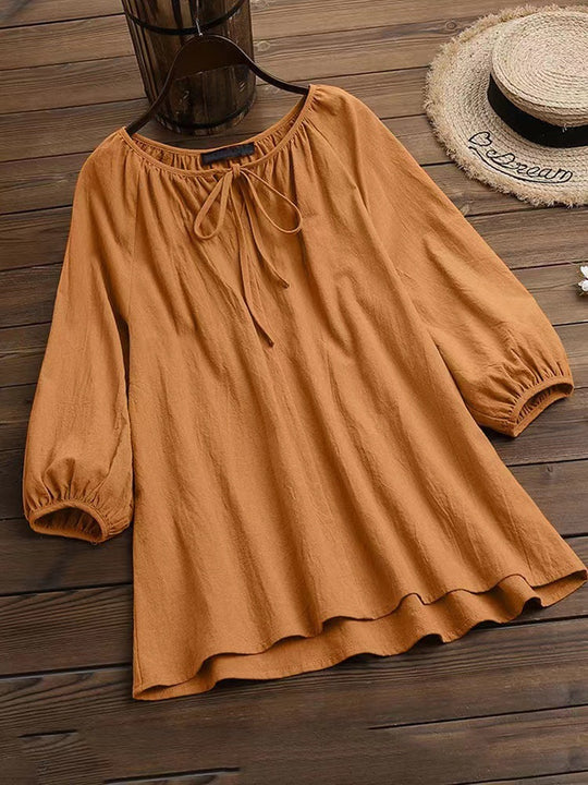 Damen Bluse mit elegantem Rundhalsausschnitt und knieumspielenden Puffärmeln EB