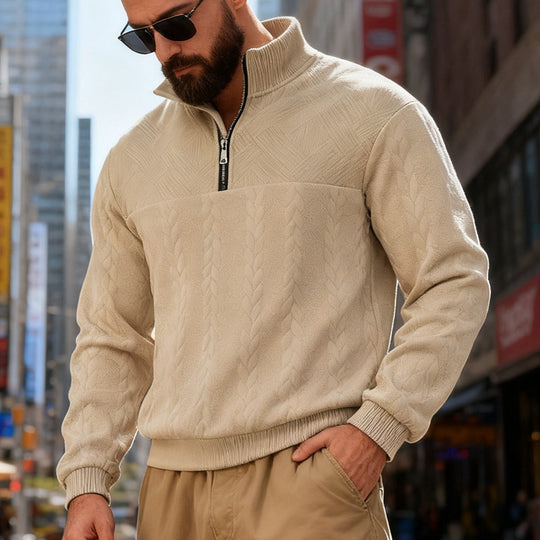 Herren nan strukturiertes Halfzip-Strickpullover mit Zopfmuster und hohem Stehkragen EB
