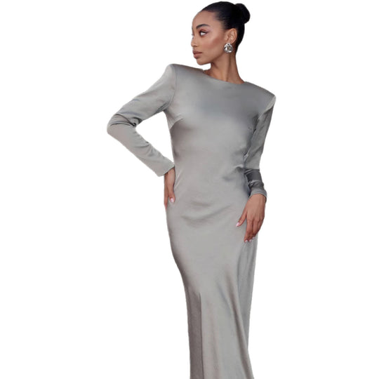 Damen Elegantes Langarmkleid mit glänzendem Satin-Obermaterial und figurbetonter Silhouette EB