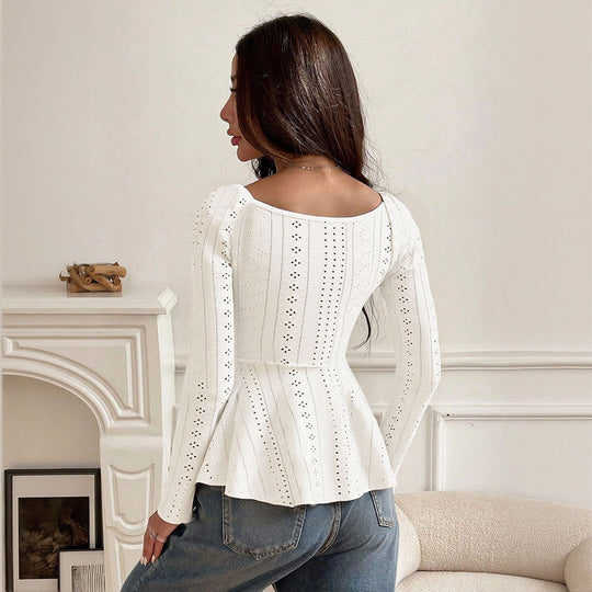 Damen besticktes Broderie-Anglaise Langarm-Top mit Raffung, V‑Ausschnitt‑Effekt und tailliertem Schößchen Eichborn Berlin