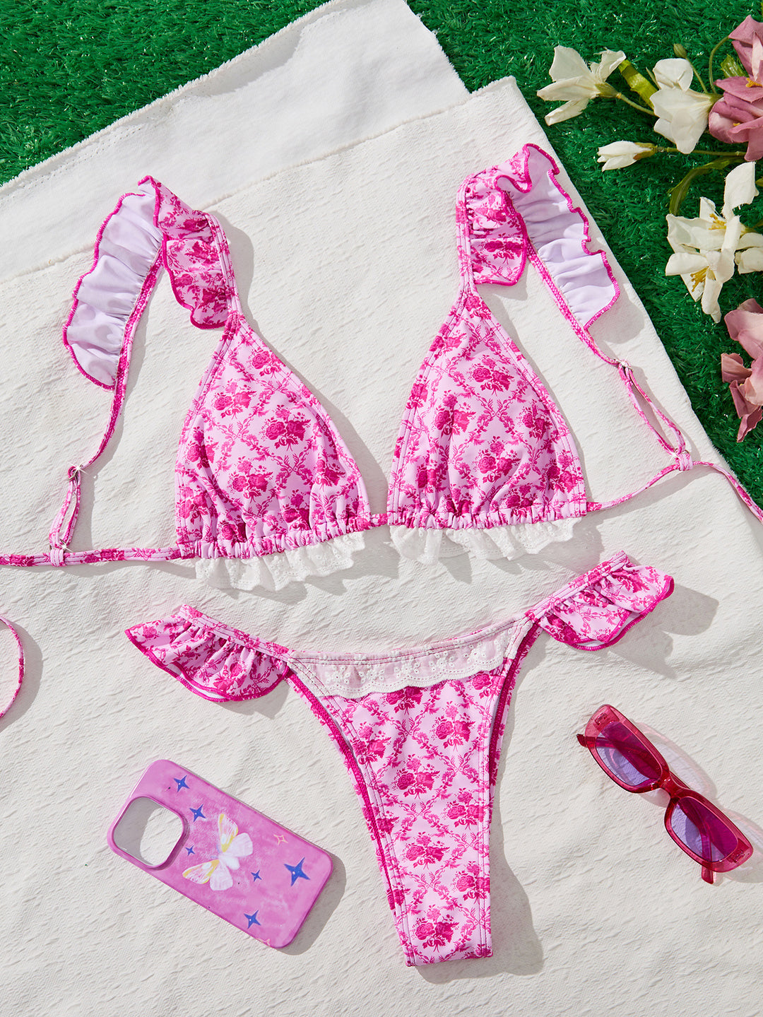 Damen Triangel-Bikini mit verspielten Rüschendetails EB