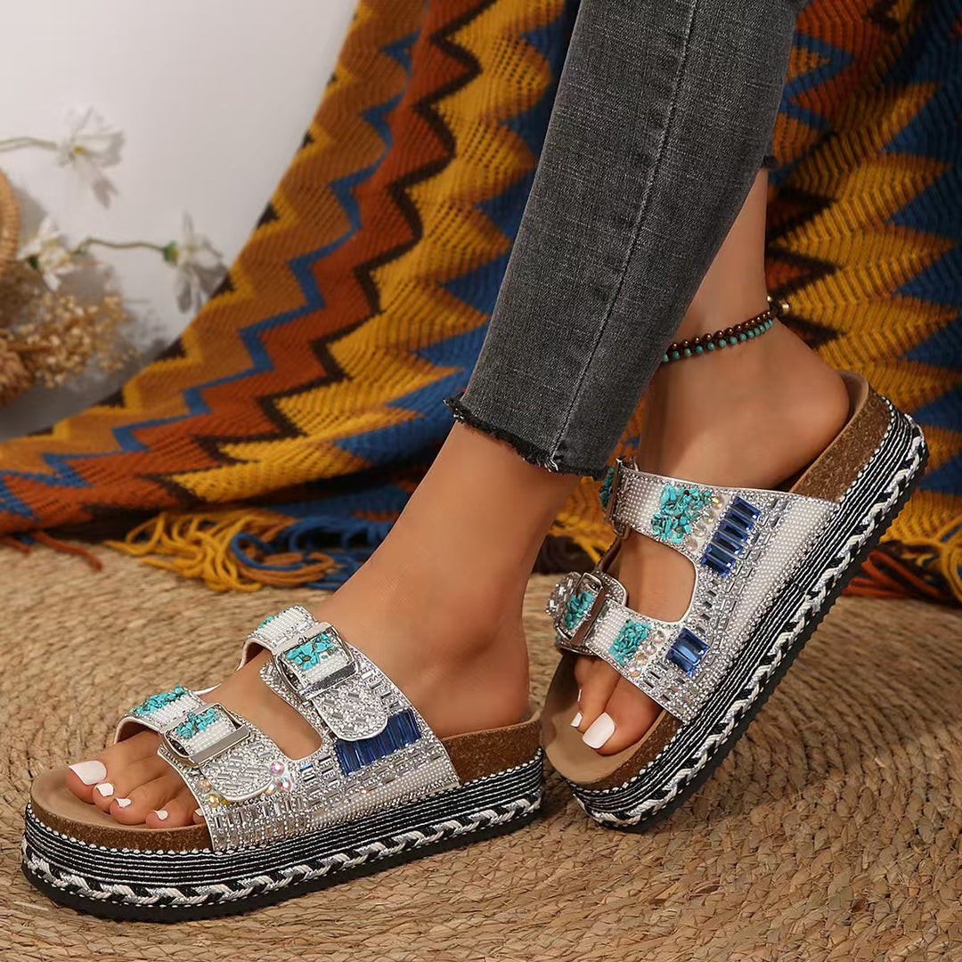 Damen Bequeme Riemensandalen mit Funkelnden Akzenten und Verstellbaren Riemen EB