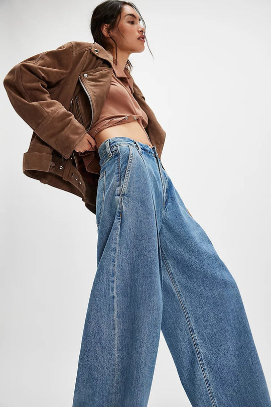 Damen nan hochgeschnittene Denim-Palazzohose mit markanten Bundfalten und extra weitem Bein EB