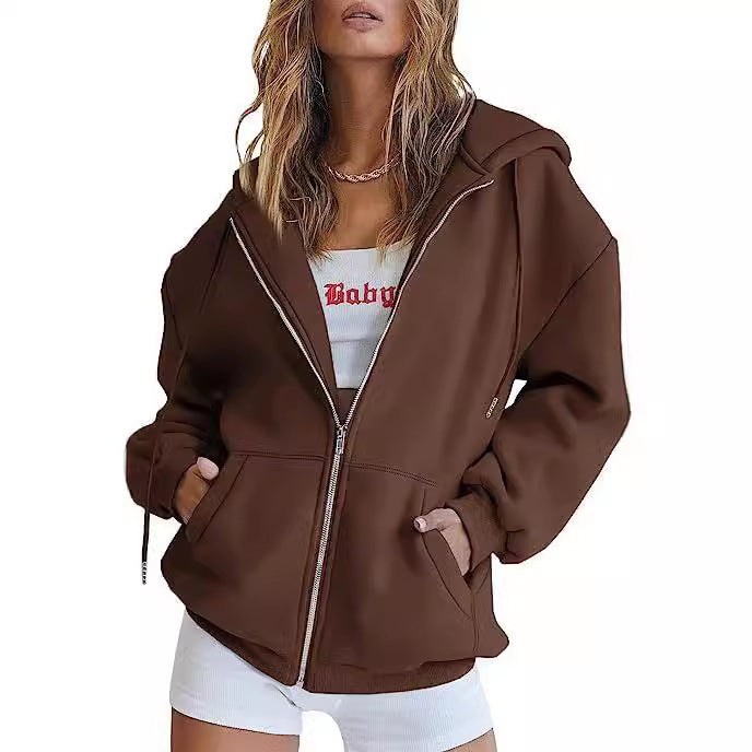 Damen nan oversized Kapuzenjacke mit durchgehendem Reißverschluss Kängurutaschen und weichem Sweatmaterial EB