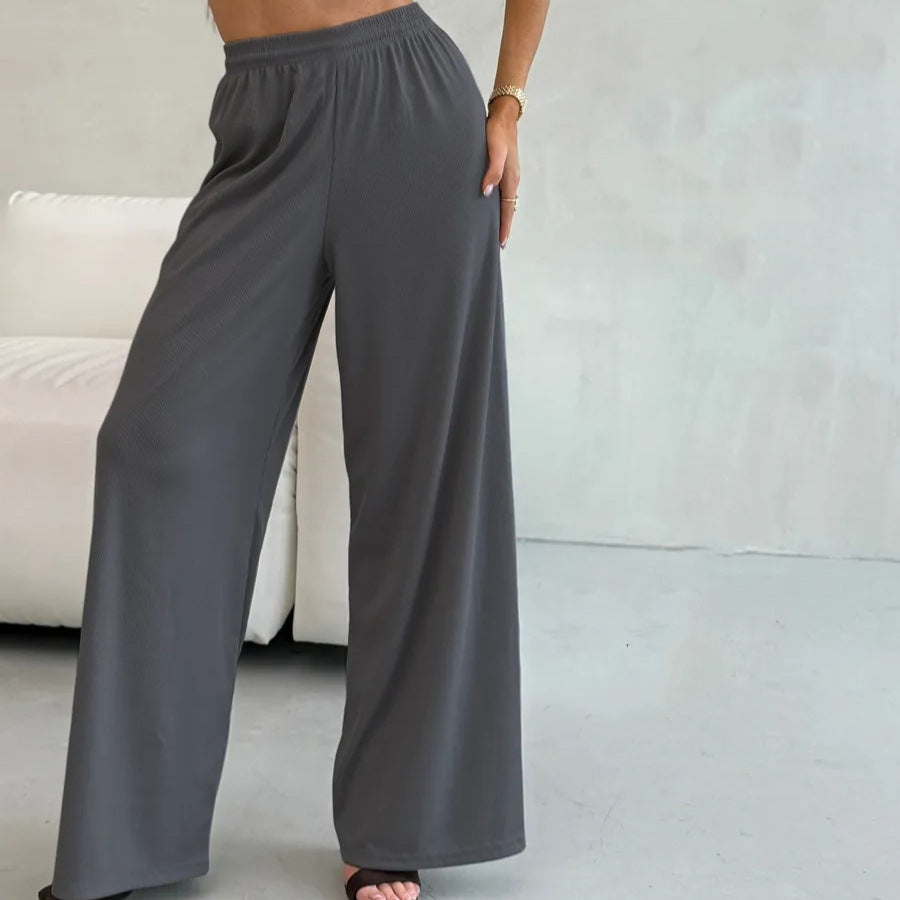Damen weite High-Waist Palazzo-Hose aus geripptem Jersey mit elastischem Bund EB