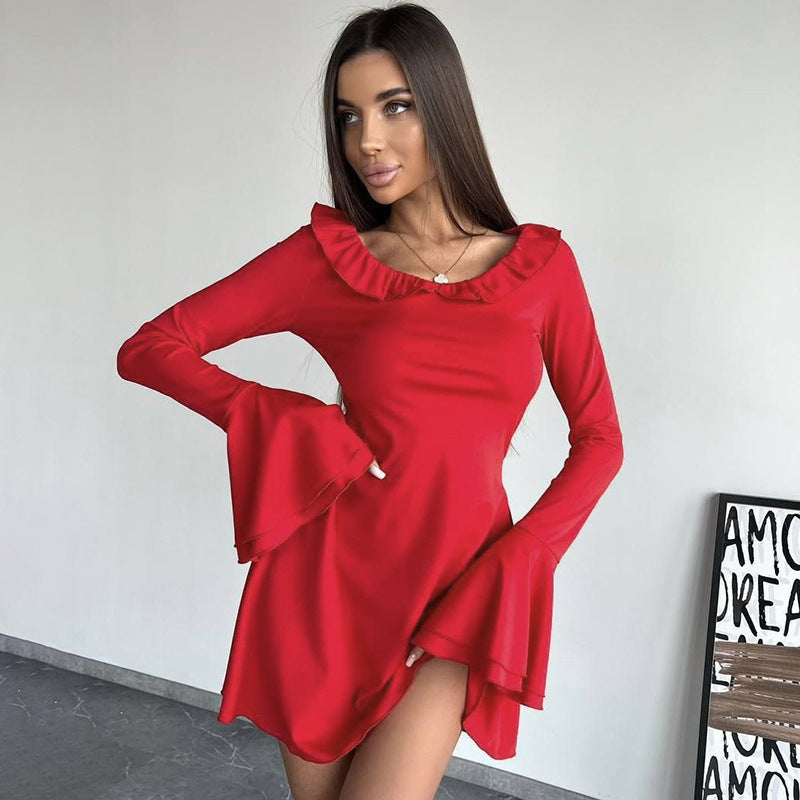 Damen Off-Shoulder Kleid mit Rüschendetails und langen Ärmeln EB