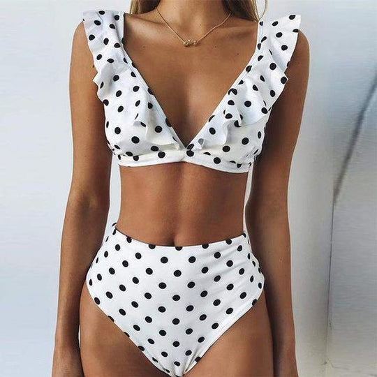 Damen Hoch tailliertes Bikini-Set mit verspielten Rüschen und Pünktchen EB