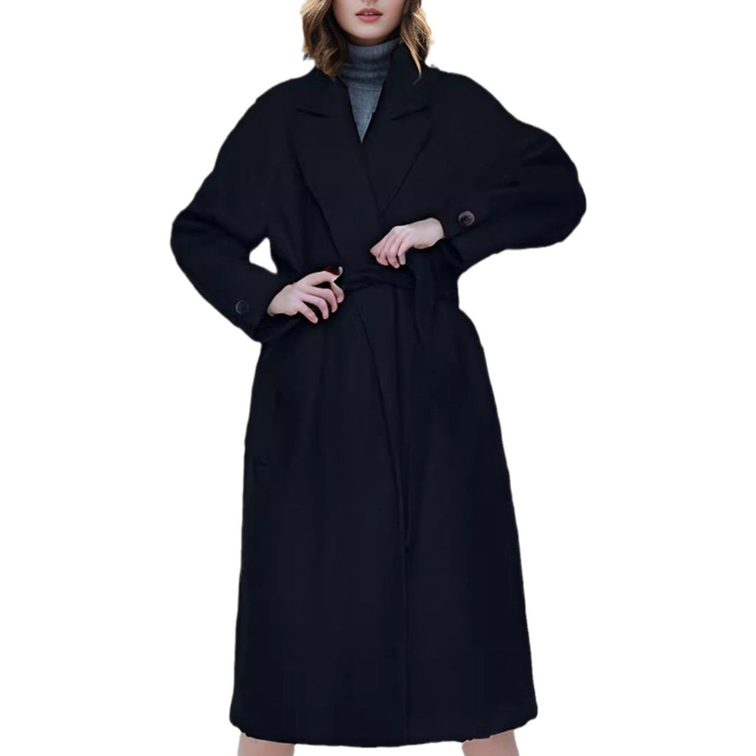 Damen eleganter langer Mantel mit breitem Revers und Gürtel EB