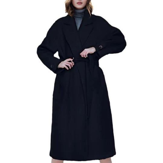 Damen eleganter langer Mantel mit breitem Revers und Gürtel EB