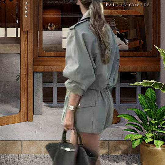 Damen Modische Trenchcoat-Jacke mit voluminösen Ärmeln und Gürtel EB