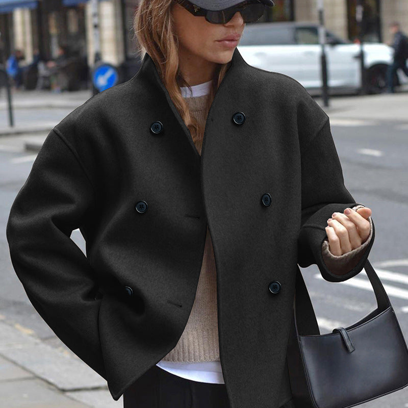 Damen modische Wolljacke mit doppelter Knopfleiste und hohen Kragen EB