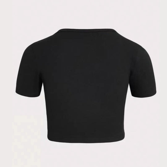 Damen Cropped T-Shirt mit kreativem Skelettdesign EB