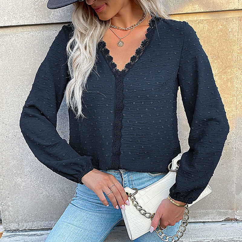 Damen Bluse mit feinen Strukturdetails und romantischem Spitzeneinsatz EB