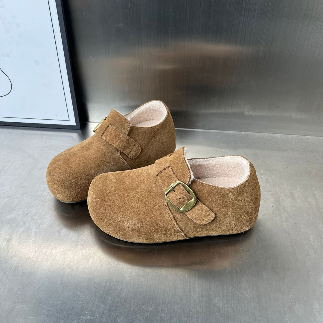 Damen Komfortable Wildleder-Clogs mit luxuriösem Fleece-Innenfutter und modischer Schnallenverzierung EB