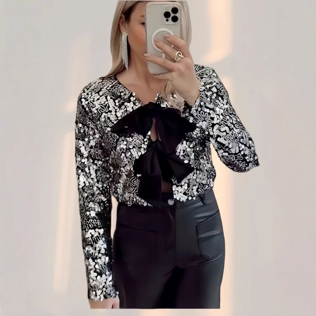 Damen Glitzernde Bluse mit Schleifendetail EB