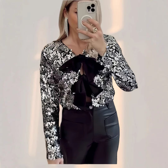 Damen Glitzernde Bluse mit Schleifendetail EB