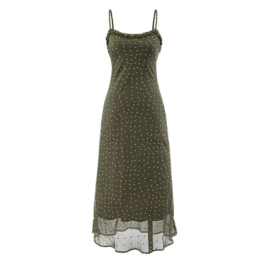 Damen Maxikleid mit zarten Spaghettiträgern und Punktmuster EB