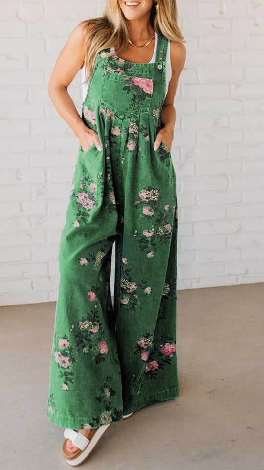 Damen Lässiger Denim-Hosenanzug mit floralem Print und weiten Beinen EB