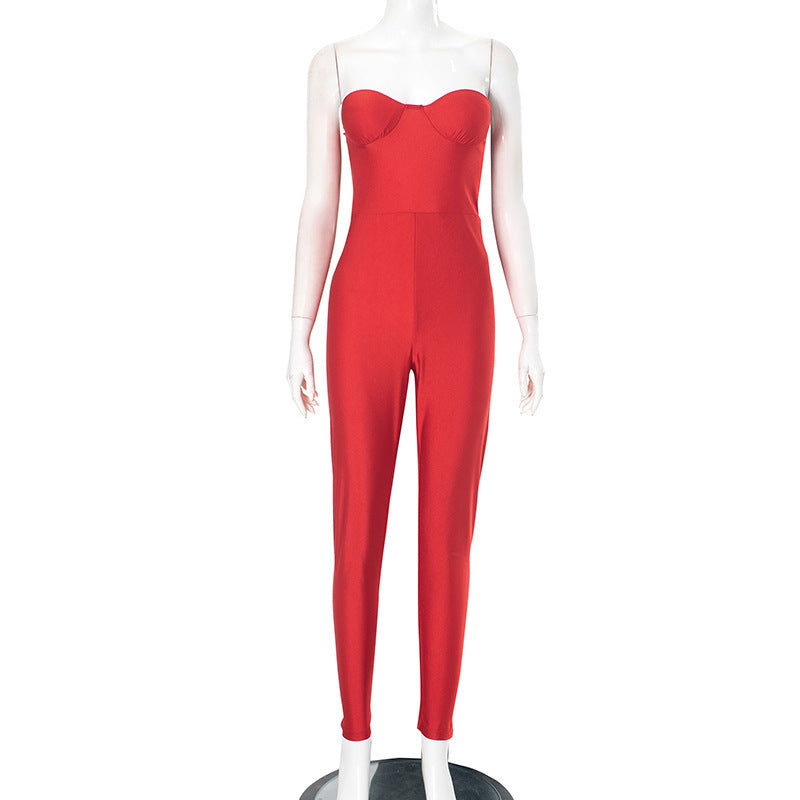 Damen figurbetonter Jumpsuit mit trägerlosem Design und elegantem Schnitt EB