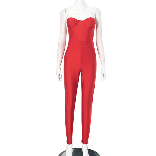Damen figurbetonter Jumpsuit mit trägerlosem Design und elegantem Schnitt EB