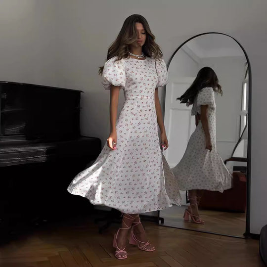 Damen luftiges Sommerkleid mit Puffärmeln und hohem Schlitz EB