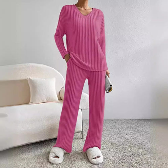 Damen Lässiges Freizeitsweat-Set mit V-Ausschnitt und weitem Schnitt EB