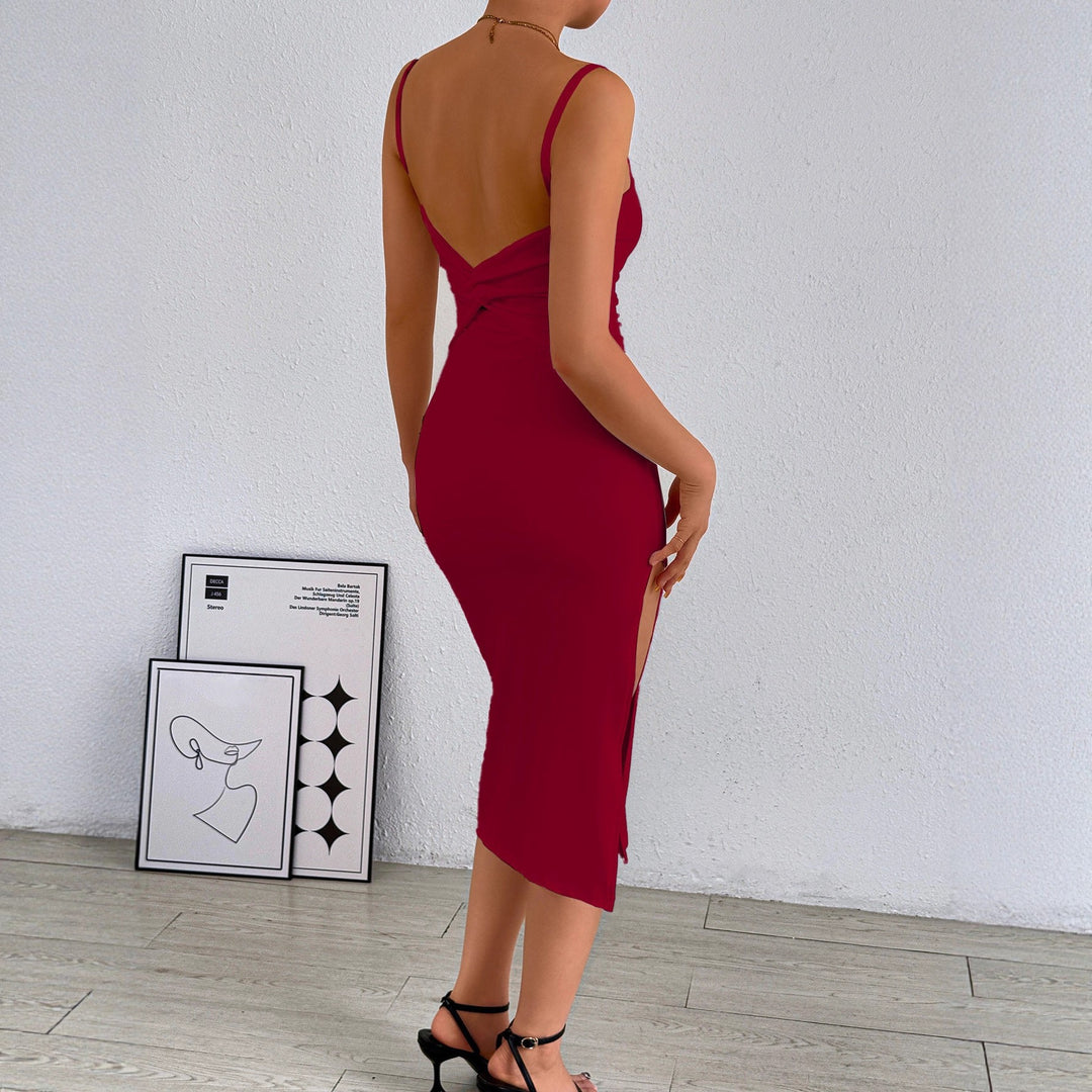 Damen figurbetontes Midi-Kleid mit schulterfreien Trägern und tiefem Schlitz EB