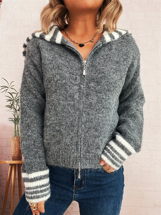 Damen kuschelige Strickjacke mit stilvollem Reißverschluss und modischen Streifen EB