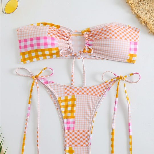 Damen Bikini-Set mit verspieltem Karomuster und verstellbaren Bindebändern EB