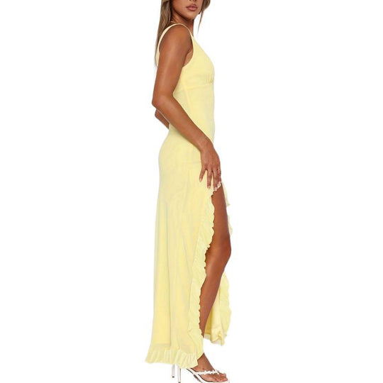 Damen Maxikleid mit voluminösen Rüschendetails und tiefem Schlitz EB