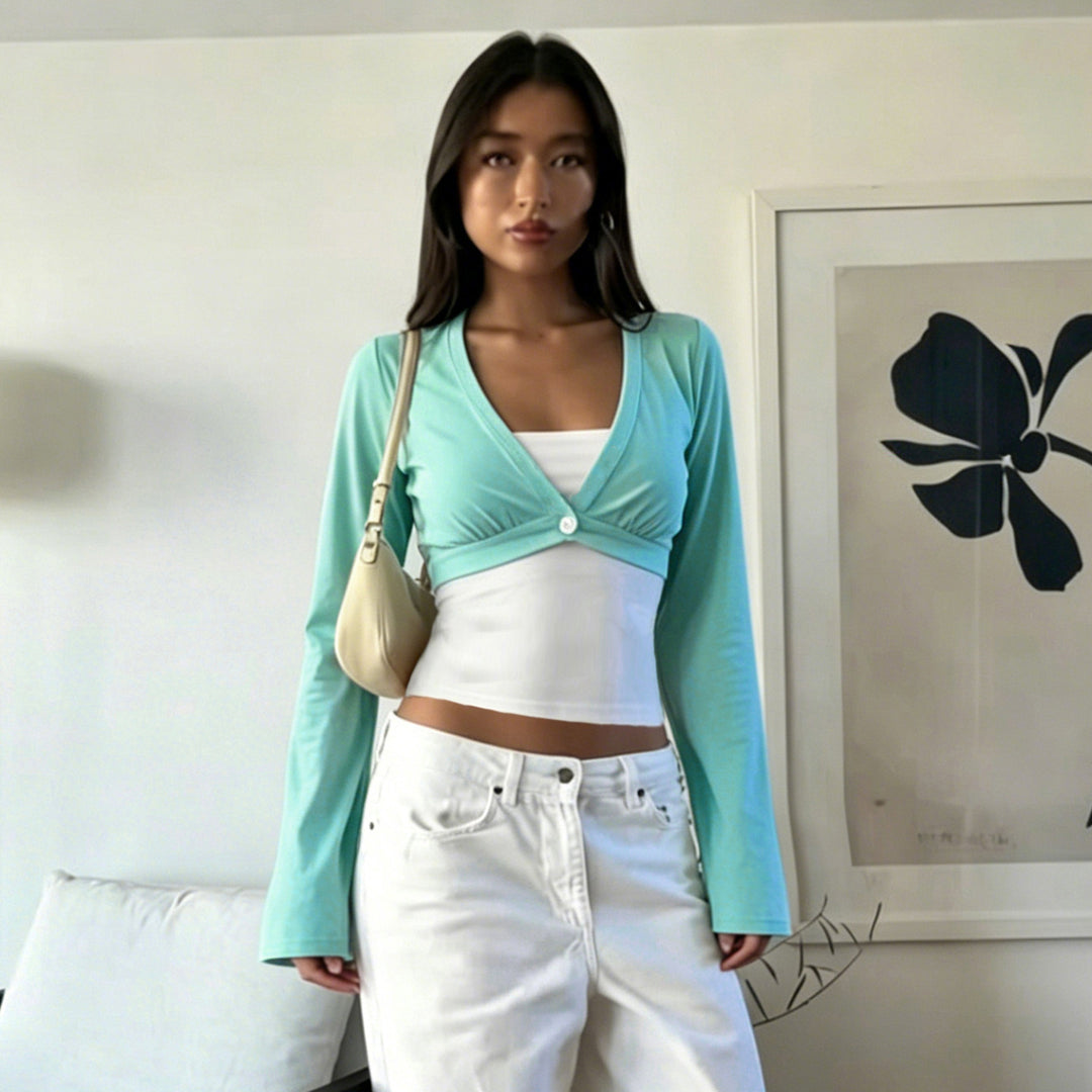Damen nan Bolero-Overlay-Top mit tiefem V-Ausschnitt, ausgestellten Trompetenärmeln und integrierter Camisole EB