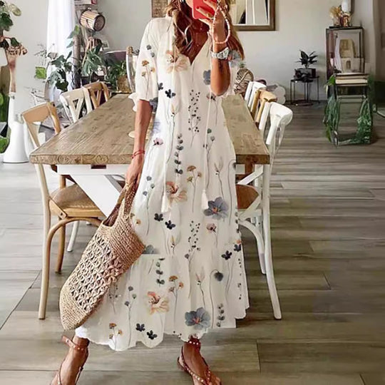 Damen nan knöchellanges A-Linien-Sommerkleid mit ganzflächigem Blumenmuster V-Ausschnitt und lockerem Fall EB