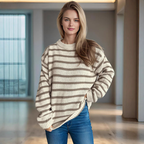 Damen lässiger Strickpullover mit breiten Streifen und lockerer Passform EB