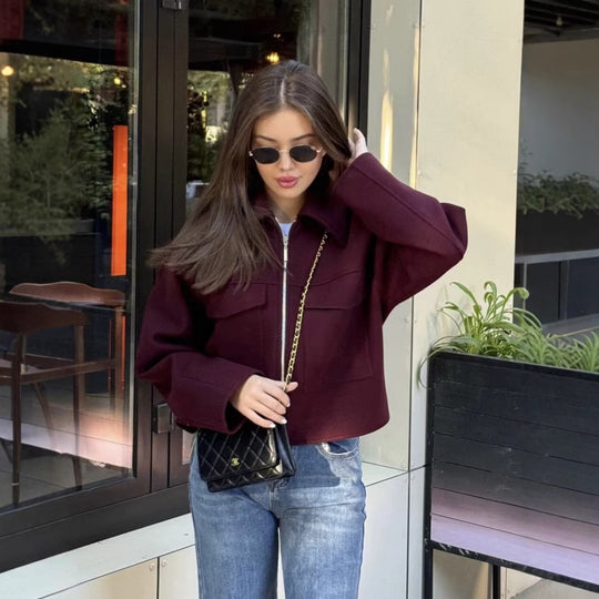 Damen lässige Wolljacke mit praktischen Brusttaschen und hochwertigem Reißverschluss EB