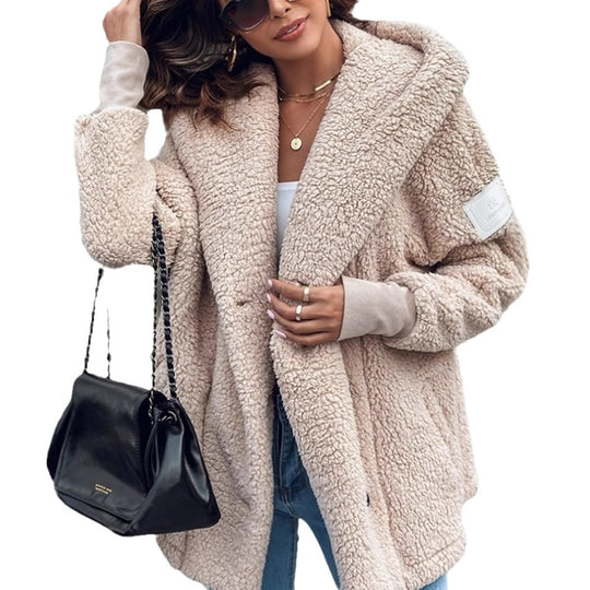 Damen Flauschige Teddyjacke mit oversized Kragen und praktischen Taschen EB