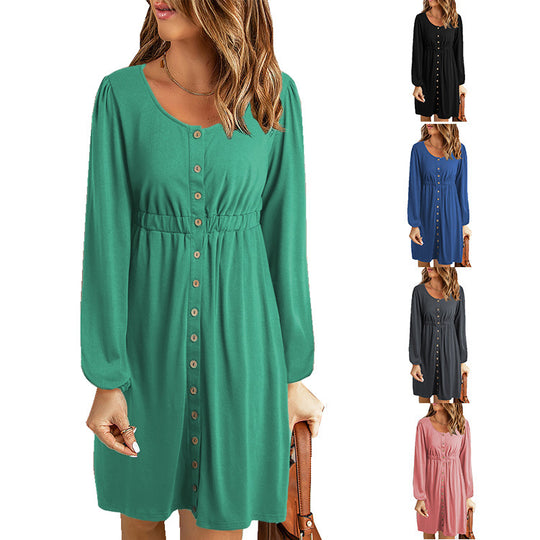 Damen Sommerliches Knopfkleid mit tailliertem Schnitt und langen Ärmeln EB