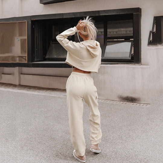 Damen nan Cropped Kapuzenpullover mit Highwaist Cargo-Joggingshose Set EB