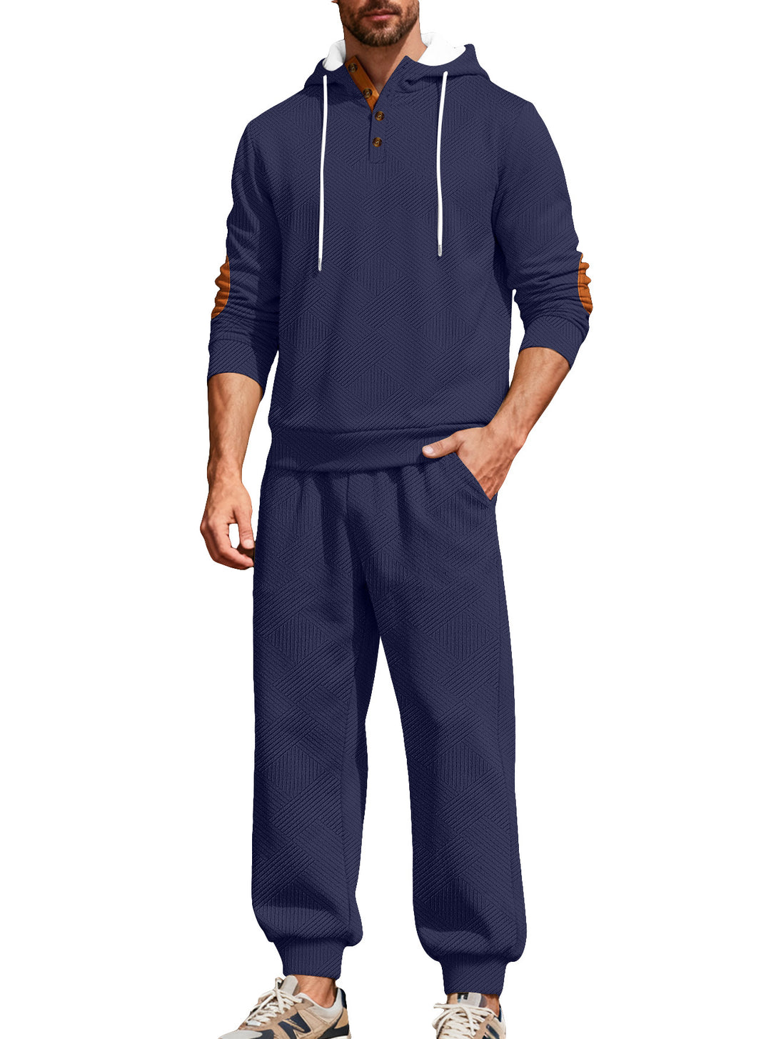 Herren nan strukturiertes Kapuzen-Joggingset mit Henley-Knopfleiste und Kontrast-Ellenbogenpatches EB