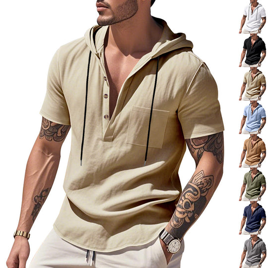 Herren Kurzarm-Henley-Shirt mit praktischer Kapuze und modischen Akzenten EB