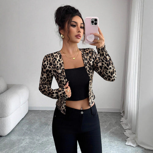 Damen nan taillierter Kurzblazer aus Stretchjersey mit Leopardenstruktur und schmaler Passform EB