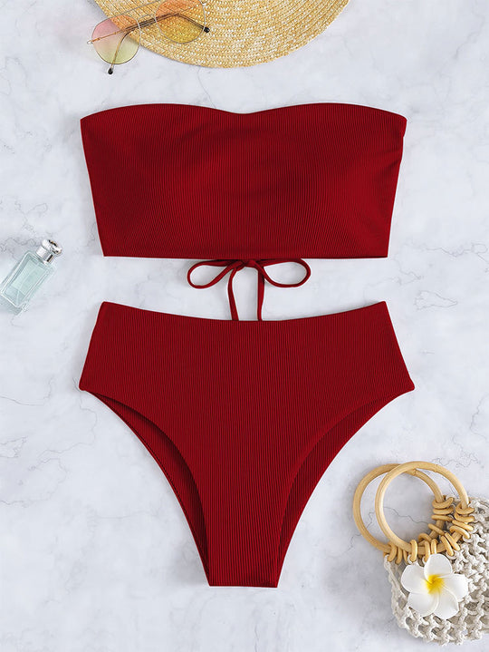 Damen Bandeau-Bikini mit hohem Bund und Rippdesign EB