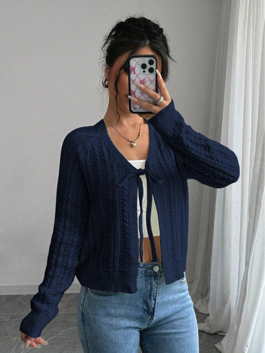 Damen Strickjacke mit modischem Kordelzug und feiner Netzstruktur EB