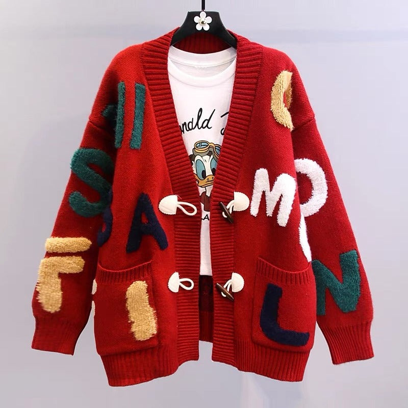 Damen Grobstrick-Cardigan mit kreativen Applikationen und großen Taschen EB