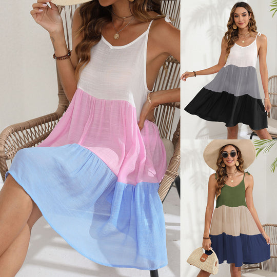 Damen luftiges Sommerkleid mit tiefem V-Ausschnitt und fröhlichem Farbverlauf EB