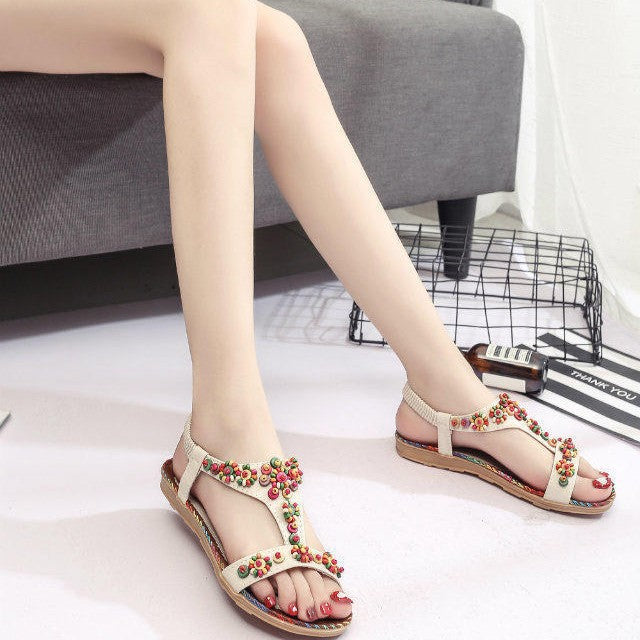 Damen modische Sandalen mit bunten Blumenapplikationen EB