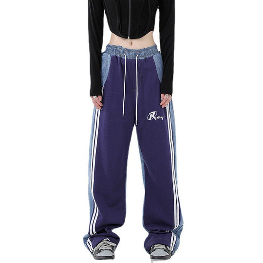 Damen nan weite Jogginghose mit Denim-Einsätzen, elastischem Bund und seitlichen Kontraststreifen EB
