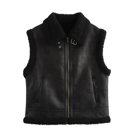 Damen Teddyweste mit hohem Kragen und Kunstlederelementen EB